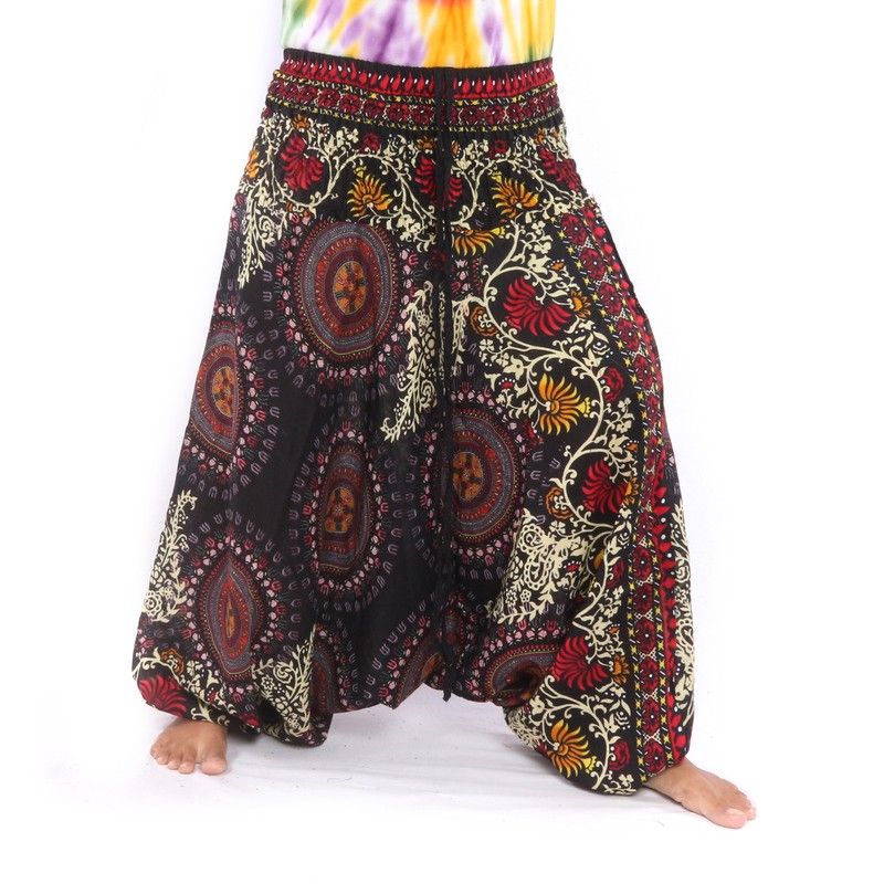 pantalon de harem pour femmes mandala fleurs orientales ornements noir