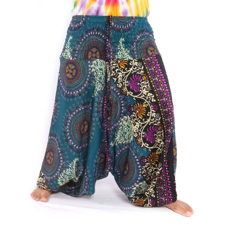 Pantalones harén para mujer mandala flores orientales adornos verde azul