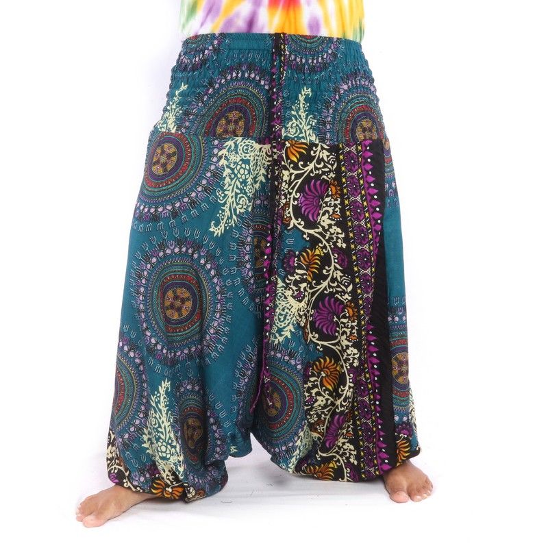 Pantalones harén para mujer mandala flores orientales adornos verde azul