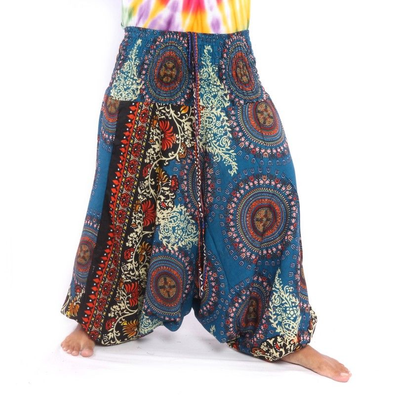 Pantalones harén para mujer mandala flores orientales adornos azul