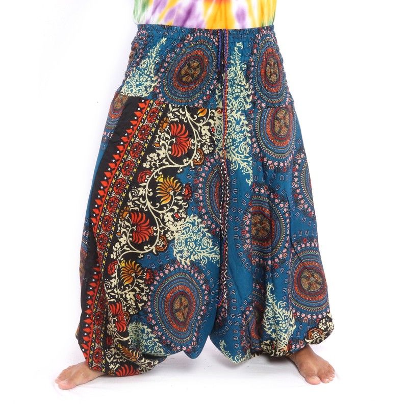 Pantalones harén para mujer mandala flores orientales adornos azul