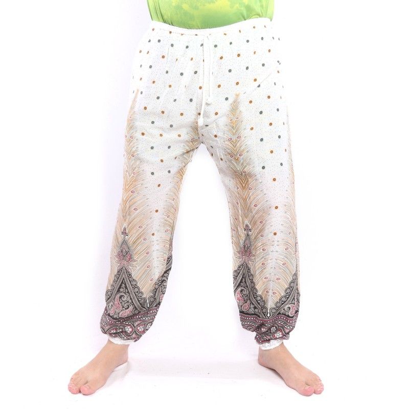 Pantalones de harén de pluma de pavo real Paisley blanco