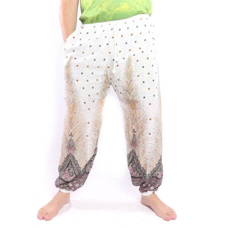 Pantalones de harén de pluma de pavo real Paisley blanco