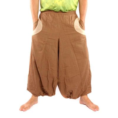 Aladinhose hellbraun mit 2 Seitentaschen und bunten Stoff Applikationen