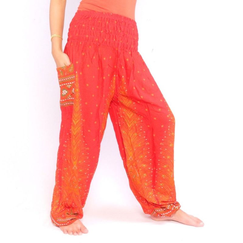 Pantalones de harén de pluma de pavo real naranja
