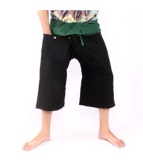 Pantalones de pescador tailandeses - bicolor - algodón negro, verde oscuro