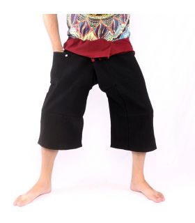 3/5 pantalones de pescador tailandés - dos tonos - algodón negro rojo oscuro