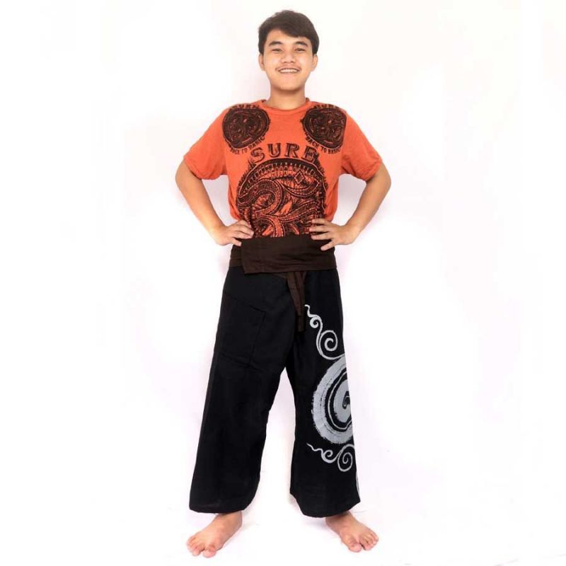 Pantalon de pêcheur thaïlandais avec impression en spirale - noir