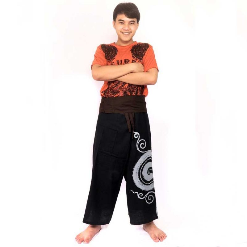 Thai fisherman pants with spiral print - black
