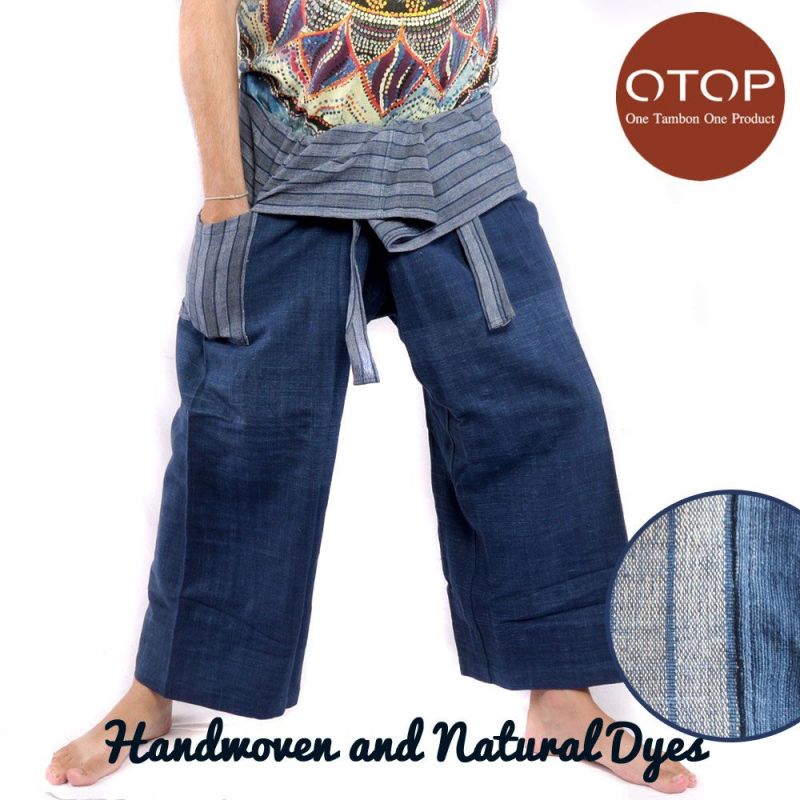 Pantalon de pêcheur thaïlandais tissé à la main - couleurs naturelles indigo