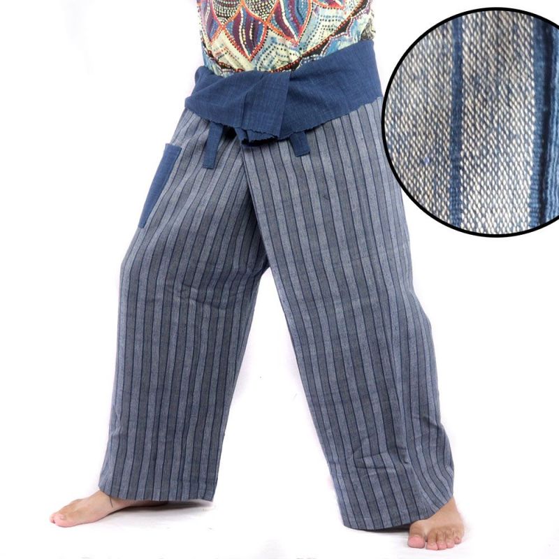 Pantalon de pêcheur thaïlandais tissé à la main - couleurs naturelles indigo rayées