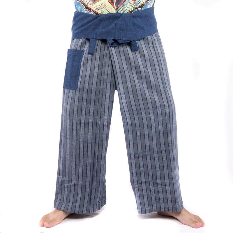 Pantalon de pêcheur thaïlandais tissé à la main - couleurs naturelles indigo rayées