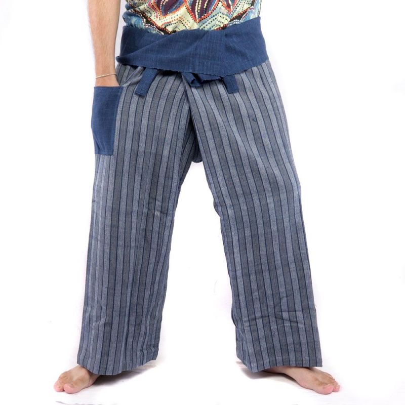 Pantalon de pêcheur thaïlandais tissé à la main - couleurs naturelles indigo rayées