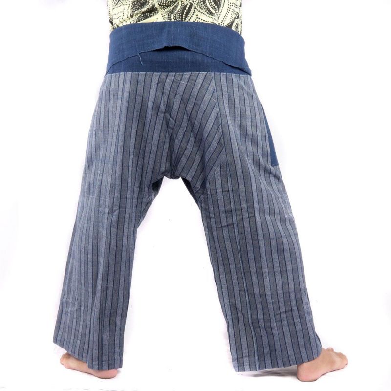 Pantalon de pêcheur thaïlandais tissé à la main - couleurs naturelles indigo rayées