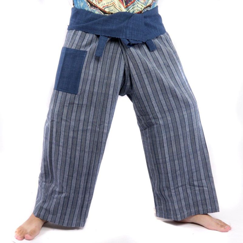 Pantalones de pescador tailandeses tejidos a mano - colores naturales índigo a rayas
