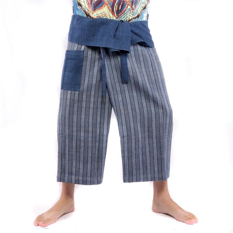 Pantalones de pescador tailandeses tejidos a mano - colores naturales índigo a rayas