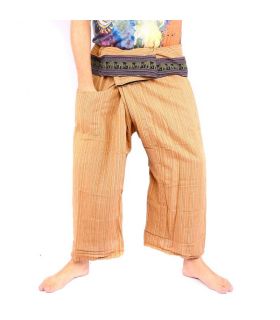 Pantalon de pêcheur thaïlandais avec bordure à motif d'éléphant - coton - jaune ocre