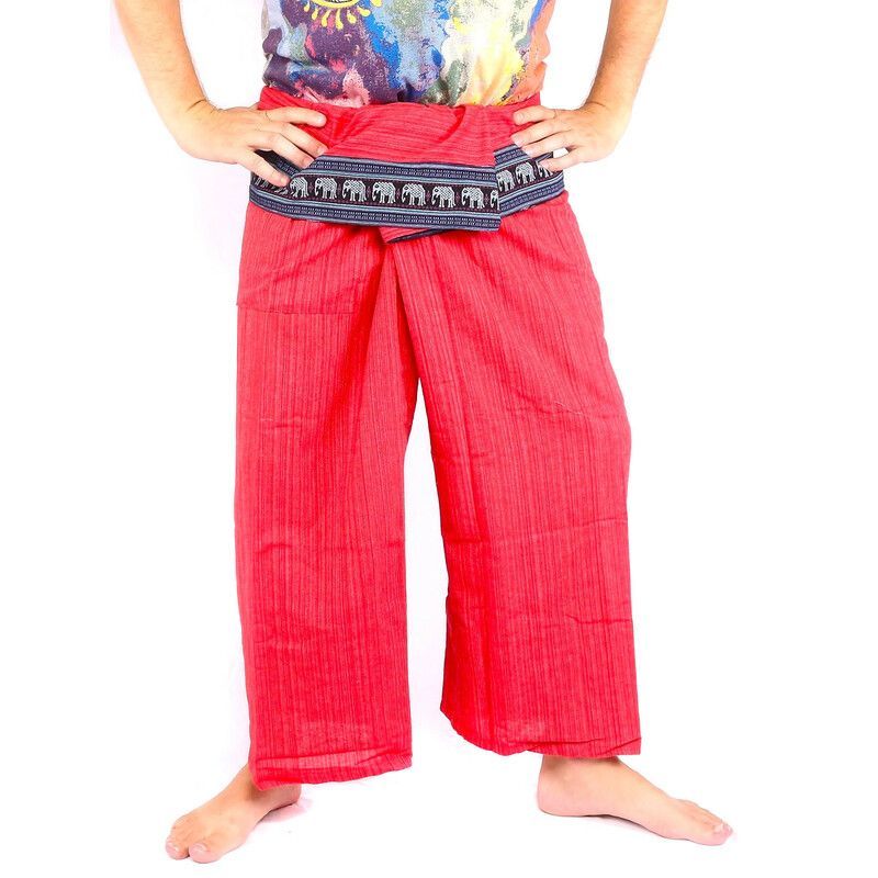 Pantalon de pêcheur thaïlandais avec bordure rouge à motif d'éléphant