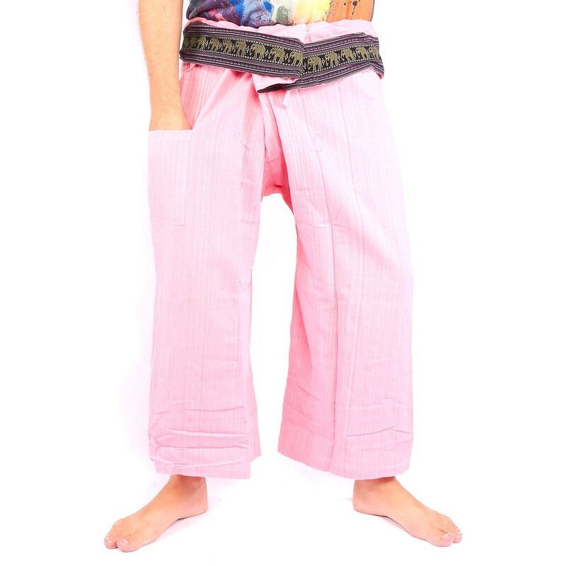 Pantalones de pescador tailandés con borde de patrón de elefante rosa