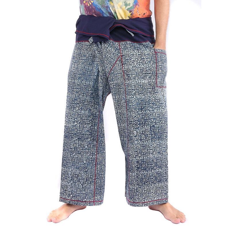 Pantalones de pescador tailandés de Chiang Mai, algodón pesado con estampado índigo