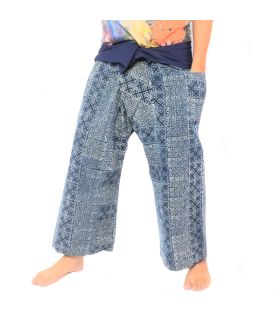 Authentische Thai Wickelhose aus Chiang Mai - Indigo Druck auf schwerer Baumwolle (Größe M)