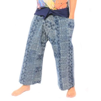 Authentische Thai Wickelhose aus Chiang Mai - Indigo Druck auf schwerer Baumwolle (Größe M)
