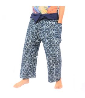Authentische Thai Wickelhose aus Chiang Mai - Indigo Druck auf schwerer Baumwolle (Größe M)