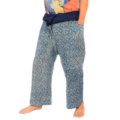 Authentische Thai Wickelhose aus Chiang Mai - Indigo Druck auf schwerer Baumwolle (Größe M)