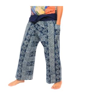 Authentische Thai Wickelhose aus Chiang Mai - Indigo Druck auf schwerer Baumwolle (Größe M)