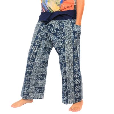 Authentische Thai Wickelhose aus Chiang Mai - Indigo Druck auf schwerer Baumwolle (Größe M)