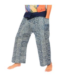 Authentische Thai Wickelhose aus Chiang Mai - Indigo Druck auf schwerer Baumwolle (Größe M)