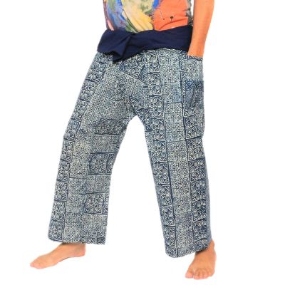 Authentische Thai Wickelhose aus Chiang Mai - Indigo Druck auf schwerer Baumwolle (Größe M)