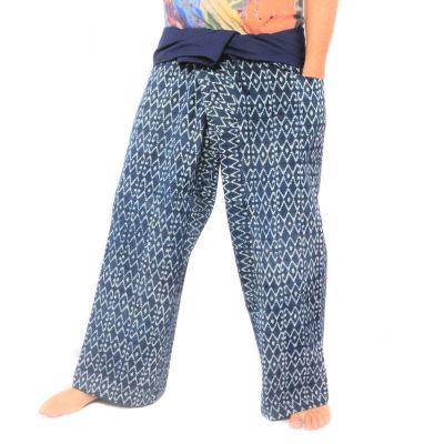 Authentische Thai Wickelhose aus Chiang Mai - Indigo Druck auf schwerer Baumwolle (Größe L)