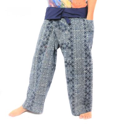 Authentische Thai Wickelhose aus Chiang Mai - Indigo Druck auf schwerer Baumwolle (Größe L)