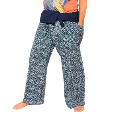 Authentische Thai Wickelhose aus Chiang Mai - Indigo Druck auf schwerer Baumwolle (Größe L)