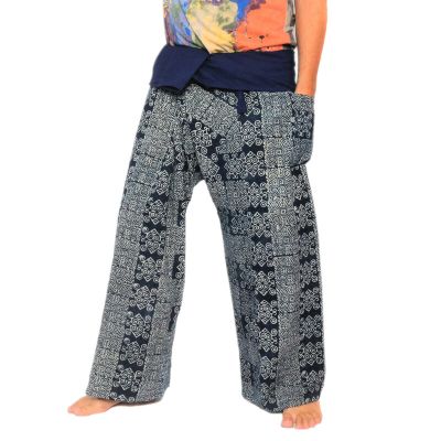 Authentische Thai Wickelhose aus Chiang Mai - Indigo Druck auf schwerer Baumwolle (Größe L)